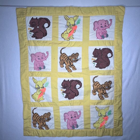 Vintage Handmade Quilt Hand Painted Animals Elephant Tiger Bunny Squirrel Yellow - Picture 1 of 16